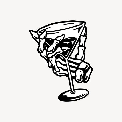 Skeleton Hand Holding Wine Glass Tattoo, Skull In Wine Glass Tattoo, Skull Martini Tattoo, Hand Holding Cocktail, Hand Holding Martini Glass Drawing, Fine Line Martini Glass Tattoo, Holding Cocktail, Martini Glass Illustration, Hand Holding Something