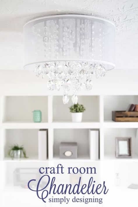 Craft Room Light Fixture Airy Office Space, Light And Airy Office, Airy Office, She Shed Interior Craft, Craft Room Lighting, Feminine Office Space, Laundry Room Lighting, Feminine Office, Lights Diy