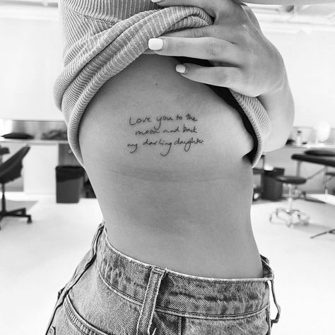 Fine Line Tattoos™️ on Instagram: “A loved ones hand writing, ‘love you to the moon and back my darling daughter’ Artist: Cholo @fine.line.tattoos Bookings Email 📩…” I Live You To The Moon And Back Tattoo, Love You To The Moon And Back Tattoos, First Love Tattoos, I Love You To The Moon And Back Tattoo, I Love You Tattoo, Darling Tattoo, To The Moon And Back Tattoo, Melbourne Tattoo, Love Yourself Tattoo