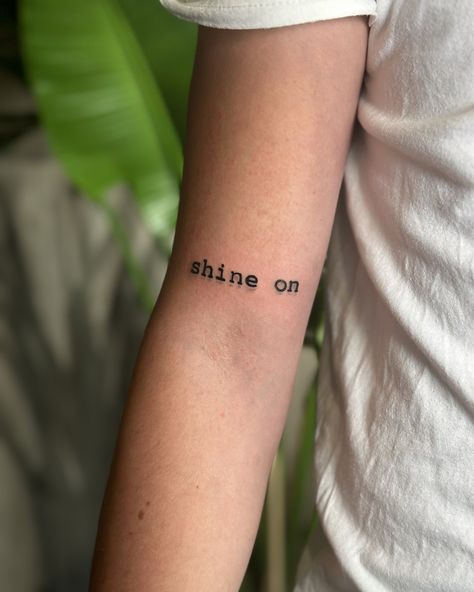 'Shine On' lettering tattoo 🌟🖋️ #ShineOn #LetteringTattoo #PositiveVibes #InkInspiration Shine On Tattoo, Shine Tattoo, On Tattoo, Lettering Tattoo, Sun Tattoo, Wrist Tattoo, Shine On, Wrist Tattoos, Tatting