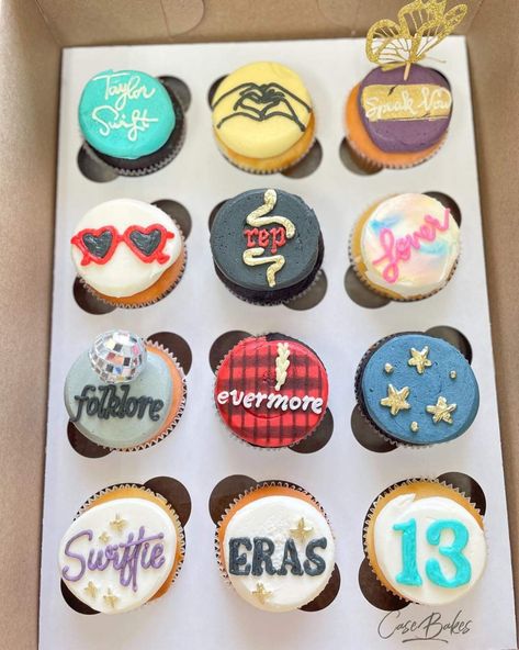 Taylor Swift Baked Goods, Folklore Cupcakes Taylor Swift, Taylor Swift Era Cupcakes, Eras Tour Cupcakes, Eras Cupcakes, Taylor Swift Eras Cupcakes, Taylor Swift Album Cupcakes, Taylor Swift Themed Cupcakes, Taylor Swift Inspired Cupcakes