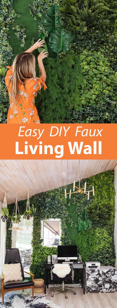 How to make a faux plant statement wall #statementwall #wallart #fauxplants #homedecor Diy Plant Backdrop, Faux Plant Wall Living Room, How To Make A Plant Wall, Interior Plant Wall, Office Statement Wall, Faux Plant Wall Decor, Mural Diy Wall, Faux Living Wall, Faux Green Wall