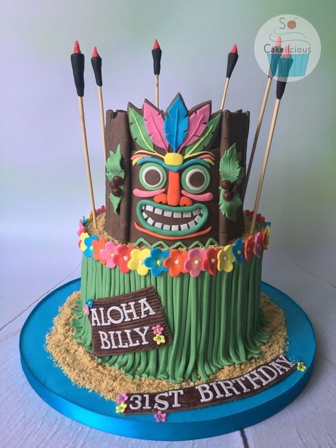 Tiki Party Food, Hawaiian Theme Cakes, Hawaiian Birthday Cakes, Tiki Cake, 16th Birthday Cake, Teen Cakes, Luau Party Decorations, Luau Birthday Party, Hawaiian Birthday