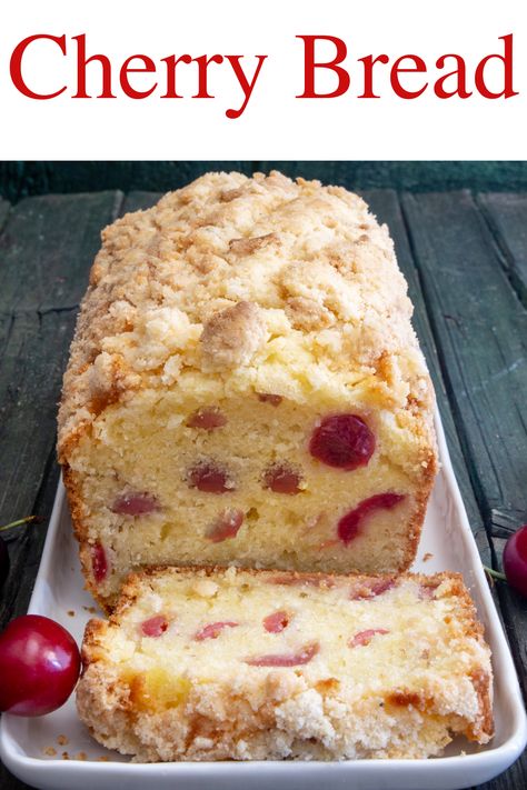 Cherry bread with a slice cut on a white plate. Banana Cherry Bread, Fresh Cherry Bread Recipe, Cherry Quick Bread, Dried Cherry Recipes, Cherry Bread Recipe, Celiacs Disease, Tornado Cake, Fruit Breads, Fresh Cherry Recipes