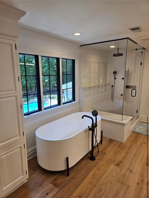 Clawfoot Tub Shower Combo Bathroom Layout Ideas, Master Bath With Jacuzzi Tub, Clawfoot Tub Shower Combo, Bathroom Layout Ideas, Bathroom Condo, Clawfoot Tub Shower, Bathroom With Tub, Master Shower, Soaker Tub