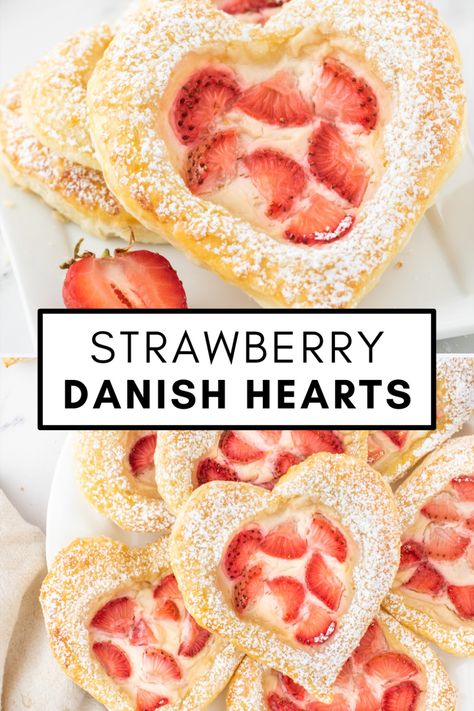 Strawberry Danish Hearts are the perfect breakfast pastry for Valentine’s Day! Using simple ingredients like cream cheese and fresh strawberries, you can bake strawberry cream cheese danishes with a flaky crust in this easy pastry recipe. Pastry Hearts Recipe, Strawberry Cream Cheese Puff Pastry, Strawberry Danish, Cream Cheese Danishes, Easy Puff Pastry Desserts, Strawberry Puff Pastry, Easy Pastry, Easy Puff Pastry Recipe, Cheese Danishes