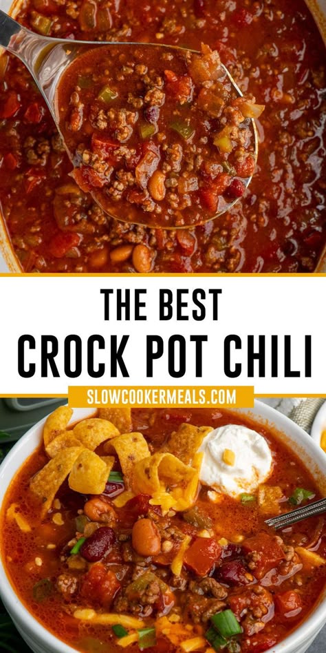 Close up of the best Crock Pot chili in a bowl and in a slow cooker. Recipes Using Stew Beef, Slow Cooker Beef Chili Recipe, Recipes For Chili, Easy Chili Recipe Crockpot, Crock Pot Chili, Chili Bean, Soup Bar, Slow Cooker Chili Recipe, Bean Chili Recipe