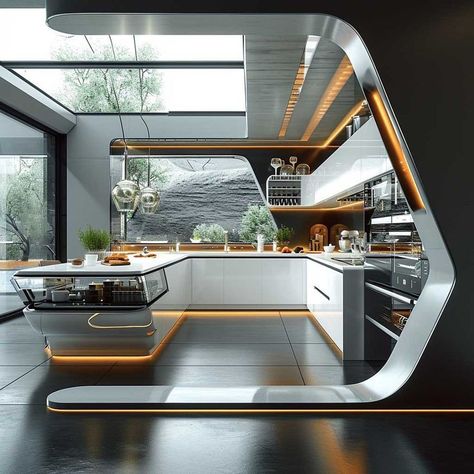 Futuristic Interior Architecture, Space Age Modern Interior, House Design Futuristic, Modern Interior Architecture, Villa House Design Dream Homes, Futuristic House Design Interiors, Interior Design Technology, Innovative Kitchen Design, Innovative Interior Design