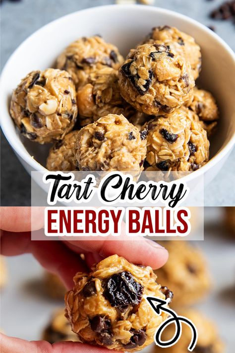 These tart cherry energy balls are loaded with dried tart cherries, oats, chopped nuts, and mini chocolate chips for a delicious sweet and salty flavor that is packed full of energy, and perfect for an afternoon snack. Cherry Energy Balls, Cherry Recipes Healthy, Dried Cherry Recipes, Cherry Snacks, Tart Cherries Recipes, Energy Bars Recipe, Snack Balls, Tart Cherries, Cherry Desserts