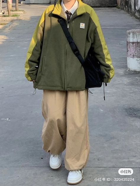 Green Windbreaker Outfit, Oversized Windbreaker Outfit, Baggy Clothing, Windbreaker Outfit, Short Hair Tomboy, Cottagecore Clothes, Casual Crossbody Bag, Tomboy Style Outfits, Outfit Hijab