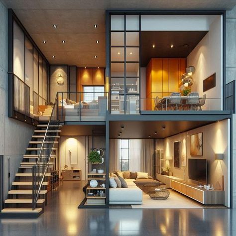 Mezzanine House Design Open Concept, Mezzanine Small House, Small Mezzanine House Design, Tiny House With Mezzanine, Mezzanine House Design, Apartment With Mezzanine, Mezanine Interior Small House Plan, Small Mezzanine, Mezzanine House