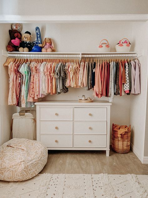 Open Closet With Wallpaper, Nursery No Closet Ideas, Kids Open Closet Ideas, Open Closet Ideas Kids, No Closet Solutions Bedroom For Kids, No Closet Nursery Ideas, Open Closet Nursery, Children Closet, Boy And Girl Shared Room