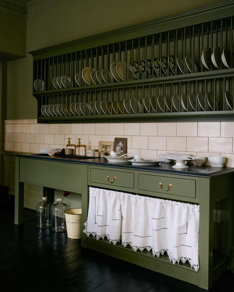 The Green Room, Bath | deVOL Kitchens Bath Showroom, Devol Kitchens, Victorian Kitchen, Heirloom Furniture, Plate Rack, Plate Racks, Sink Cabinet, Green Rooms, Cottage Kitchen