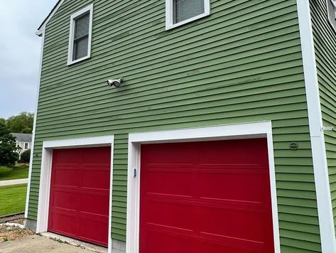 Courtyard Green House Exterior Red House Green Roof, Green House Red Trim Exterior Paint, Green House Red Door, Red Brick Green Trim, Benjamin Moore Creekside Green Exterior, Green House Exterior, Warm Paint Colors, Choosing Paint, Monochromatic Color Scheme