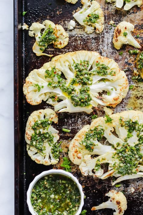 Roasted Cauliflower Steaks with Chimichurri Sauce Cauliflower Recipes Roasted, Cauliflower Chimichurri, Cauliflower Steaks Roasted, Chimichurri Recipes, Steak With Chimichurri Sauce, Roasted Cauliflower Steaks, Heart Recipes, Cauliflower Steaks, Chimichurri Sauce