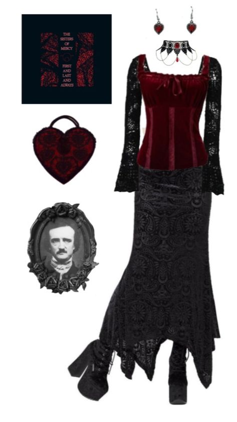 Vampire Goth Outfits Plus Size, Romantic Vampire Outfits, Romantigoth Outfits, Goth Romance Outfit, Valentine Goth Outfit, Gothic Romance Outfit Women, Vintage Vampire Outfit, Plus Size Romantic Goth, Subtle Emo Outfits