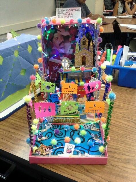 Day of the dead altar my student made... Altar Project Ideas, Ofrenda Shoebox Ideas, Dia De Los Muertos Altar Shoe Box Ideas, Day Of The Dead Projects, Fiesta Float, Dia De Los Muertos Crafts Ideas, Day Of The Dead Altar, Dia De Los Muertos Decorations Ideas, Spanish Projects