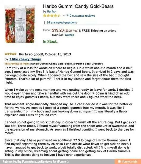 May have found a bigger fan of gummi bears than me Funny Amazon Reviews, Funny Reviews, Gummi Bears, Amazon Reviews, Memes Video, I Dare You, I Accidentally, Gummy Bear, Gummy Candy