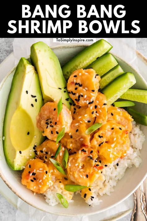 Shrimp Rice Bowl Yum Yum Sauce, Healthy Shrimp Dishes Clean Eating, Easy Healthy Meals Shrimp, Healthy Dinner Recipes For Two Fish, Quick Seafood Dinner, Crispy Shrimp Bowl, Meals With Shrimp And Rice, Cucumber And Rice Recipes, Bang Bang Shrimp Lettuce Wraps