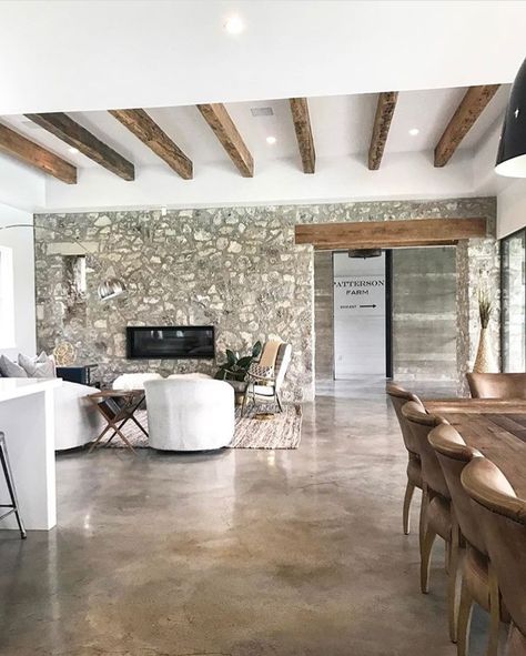 Concrete Beams Interior, Natural Industrial Interior, Rustic Concrete Floors, Concrete Floors Ideas, Concrete Floors In House, Stained Concrete Floors, Concrete Stained Floors, Stone Houses, Stone House