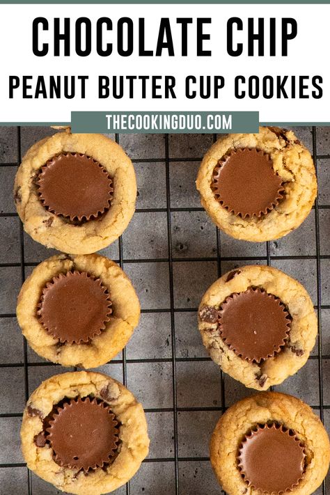 Warm, chewy chocolate chip cookie cups filled with melty peanut butter goodness. The perfect bite-sized treat! Chocolate Chip Peanut Butter Cups, Chocolate Chip Cookie With Reeses In The Middle, Mini Reeses Pieces Cookies, Chocolate Chip Cookie With Reeses Cup, Reeses Peanut Butter Cups Gift Ideas, Chocolate Chip Cookie Cups Muffin Tin, Reese’s Chocolate Chip Cookies, Mini Reeses Cup Cookies, Chocolate Peanut Butter Cup Cookies