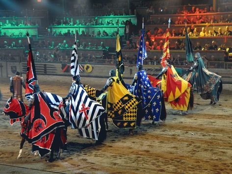 Live jousting, sword fights, horsemanship, and falconry comprise the show where guests are taking back to Medieval Times.  Guests are still divided into teams according to color and rallied to cheer for one of the six Knights of the Realm. Forever Knight, Medieval Spain, Medieval Times Dinner, Medieval Horse, Horse Costumes, Medieval Times, Medieval Knight, Myrtle Beach Sc, Historical Costume