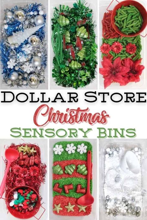 Christmas Sensory Bins For Preschool, Flisat Table Activities Christmas, Sensory Table Christmas, Holiday Sensory Table, December Sensory Table, Holiday Sensory Bins For Toddlers, Christmas Sensory Bin For Babies, Christmas Sensory Bin Kindergarten, Dollar Store Sensory Bins Toddlers