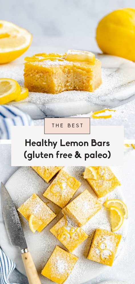 The best healthy lemon bars that are gluten free, dairy free and paleo! The delicious shortbread crust is made with a mix of almond & coconut flour, and the light lemon filling is made with just 4 simple ingredients. These healthy lemon bars are naturally sweetened for the perfect spring treat! #lemonbars #glutenfree #healthydessert #paleodessert #glutenfreedessert #dairyfree Healthy Lemon Slice, Healthy Lemon Desserts, Healthy Lemon Bars, Raw Slice, Mediterranean Diet Snacks, Mediterranean Desserts, Bars Gluten Free, Gluten Free Lemon Bars, Lemon Bars Recipe