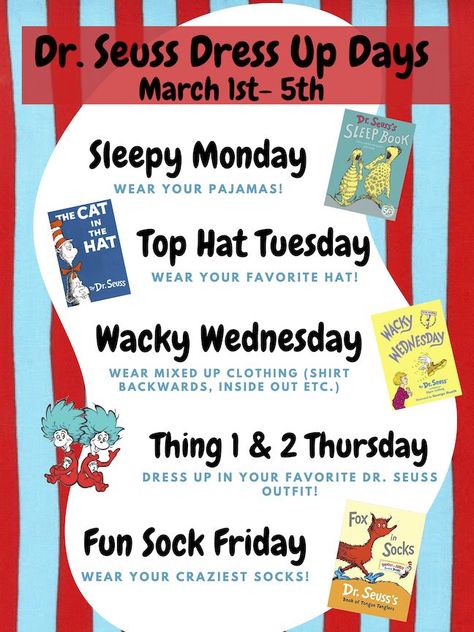 Dr Seuss Week Dress Up Days, Dr Seuss Week Dress Up Kids, Dr Seuss Theme Week, Crazy Sock Day Ideas Dr. Seuss, Dr Seuss Dress Up Days Ideas, Dr Seuss Songs Preschool, Dr Suess Week Dress Up, Dr Suess Spirit Week Ideas, Dr Suess Week Ideas