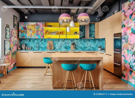 Pop Art Style Interior Design of Kitchen with Island, Dining Table and Stools. Created with Generative AI Stock Illustration - Illustration of playful, room: 278853117 Kitchen Pop Art, Interior Design Of Kitchen, Design Of Kitchen, Table And Stools, Island Dining Table, Kitchen Island Dining Table, Kitchen With Island, Island Dining, L Shaped Kitchen