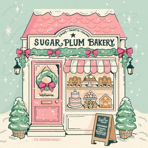 © Artist Eve Anderson, located in Edinburgh, Scotland • Eveandersondraws on Etsy • www.eveandersondraws.com • @eveandersondraws on Instagram Cozy Painting, Canva Calendar, Cute Buildings, Kawaii Journaling, Merry Christmas Art, Bakery Illustration, Square Pictures, Vintage Bakery, Christmas Bakery