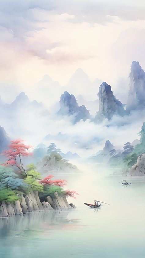 Chinese Background Landscape, Chinese Scenery, Chinese Background, Chinese Landscape Painting, Chinese Art Painting, Ancient Paintings, Print Design Art, Scenery Paintings, Chinese Landscape