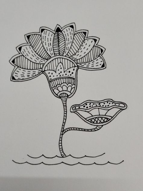 Madhubani Flower Motifs, Madhubani Motifs Design, Madhubani Lotus, Madhubani Motifs, Madhubani Paintings Peacock, Pencil Drawing Inspiration, Mithila Painting, Kurti Pattern, Madhubani Paintings