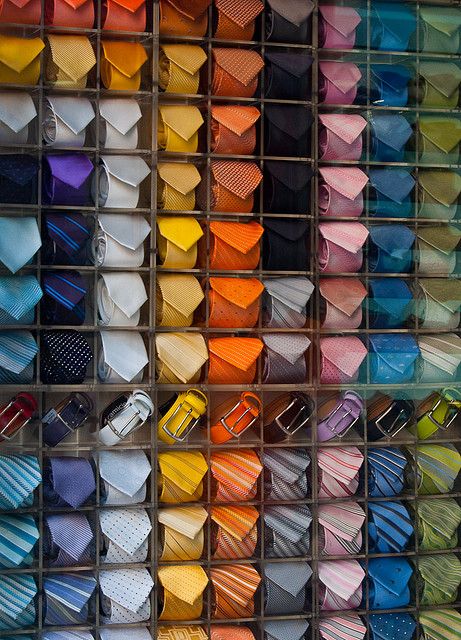 Rows of color!  Tie and belt display in Rome.  Photo by kenchie, found on flickr. Shop Display Ideas, Store Pics, Tie Storage, Belt Display, Suit Stores, Shop Displays, Concrete Coatings, Shower Parts, Elements And Principles