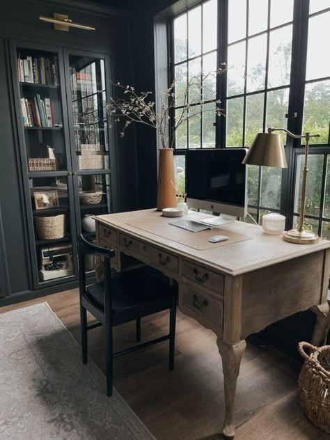 Office With Vintage Desk, Dark Bedroom Office, Antique Desk Home Office, Office With Antique Desk, Vintage Desk Home Office, Antique Home Office Ideas, Moody Office Desk, Small Office With Fireplace, Dark Victorian Office