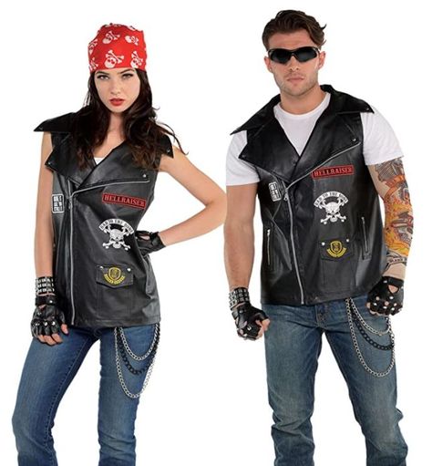 Couple Halloween Costumes | Adult Biker Vest | Costume Accessory, Black Biker Halloween Costume, Biker Halloween, Top Hat Headband, Tiger Halloween Costume, Rocker Costume, Patches For Jeans, Easy Couples Costumes, Best Couples Costumes, Leather Biker Vest