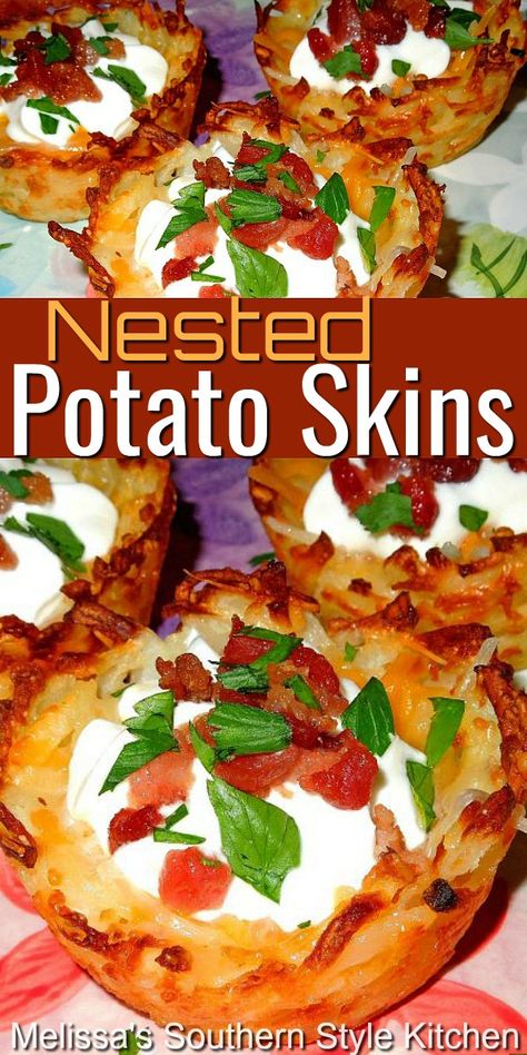 These crispy Nested Potato Skins a.k.a. potato skin nests are always the first appetizer to disappear #potatonests #nestedpotatoskins #potatoskins #appetizers #dinnerideas #sidedishrecipes #potatoes #hashbrowns #southernrecipes #southernfood Potatoes Hashbrowns, Lemon Sour Cream Pound Cake, Budget Dinners, College Recipes, Best Potato Recipes, Potato Appetizers, Southern Breakfast, Pantry Recipes, Healthy Superbowl Snacks