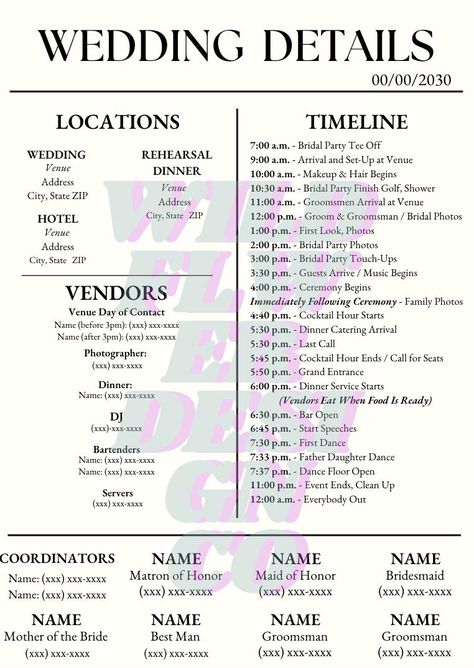 Want a custom wedding day onesheet template you can customize and print at home? This template includes venue information, vendor info, contact information, bridal party contact info, and detailed timelines for the day. Save yourself / the bride time, worry, and stress for the wedding day by having a sheet you can simply print and give to all of the people participating in your wedding day. This can deter questions from the bride and groom, and onto the right people and contacts for the wedding day.  This custom design template opens in Canva, where you can design, add, move, and remove any design elements for easy creation and printing. Wedding Party People List Of, Bridal Party Duties, Who Pays For What In A Wedding, How To Plan A Wedding, Rules For Wedding, Wedding Must Haves, Wedding Party List, Wedding Day Itinerary, Wedding Planning Organizer