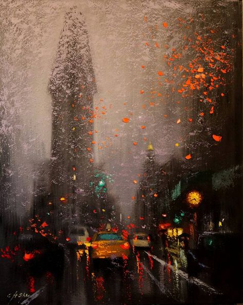 Nyc Painting, Yellow Clocks, Emotional Painting, Clock Painting, Rain Painting, Building Painting, Flatiron Building, The Other Art Fair, Glowing Art