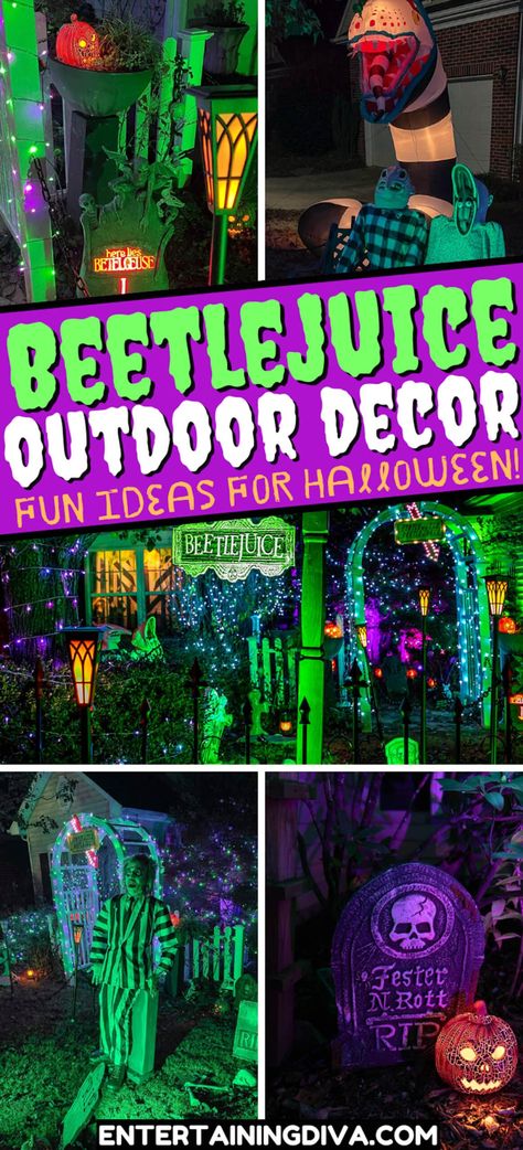 Beetlejuice Outdoor Decor Ideas For Your Halloween Yard | Halloween Beetlejuice House, Creepy Candles, Halloween Juice, Outdoor Decor Ideas, Beetlejuice Halloween, Diy Halloween Decor, Ideas For Halloween, Halloween Inflatables, Spooky Halloween Decorations