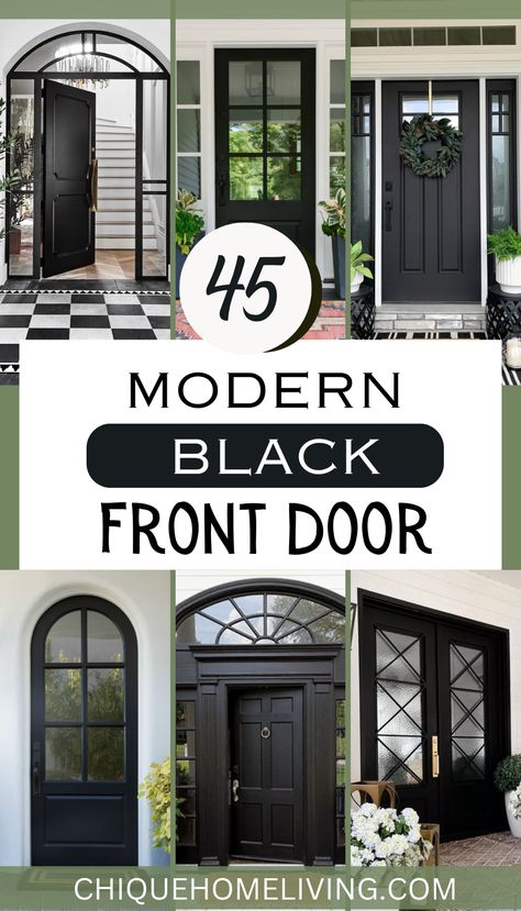 Front Door Black Outside White Inside, Front Door Modern Farmhouse Entrance, Black Exterior Doors Front Entry Modern, Black Front Door With Glass Side Panels, Black Door Front Porch Decor, Black Front Door With Black Hardware, Black Entry Door With Sidelights, Black Entrance Door Modern, Hardware For Black Front Door