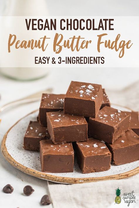 A rich and decadent chocolate peanut butter fudge that requires just 3 simple ingredients and about 15 minutes to put together. It's creamy, smooth, vegan and one of the easiest desserts to make! #vegan #dessert #3ingredient #fudge #easy #healthy #peanutbutter #nocook #chocolate #vanilla #musttry #vegandessert Easiest Desserts, Chocolate Peanutbutter, Vegan Fudge, Peanut Butter Fudge Easy, Vegan Peanut Butter Cookies, Dessert Oreo, Chocolate Peanut Butter Fudge, Fudge Recipes Chocolate, Brownie Desserts