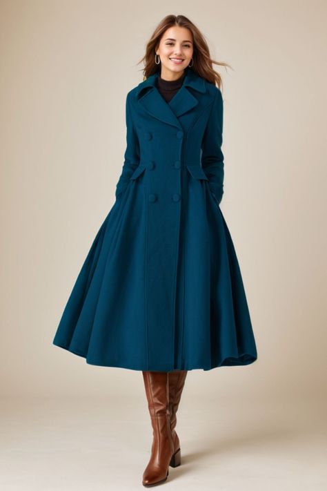 Double Breasted Winter Coat, Ankle Length Coat, Classic Coats For Women, Long Blue Coat, Wool Coats For Women, Long Coats For Women, A Line Coat, Fit And Flare Coat, Blue Winter Coat