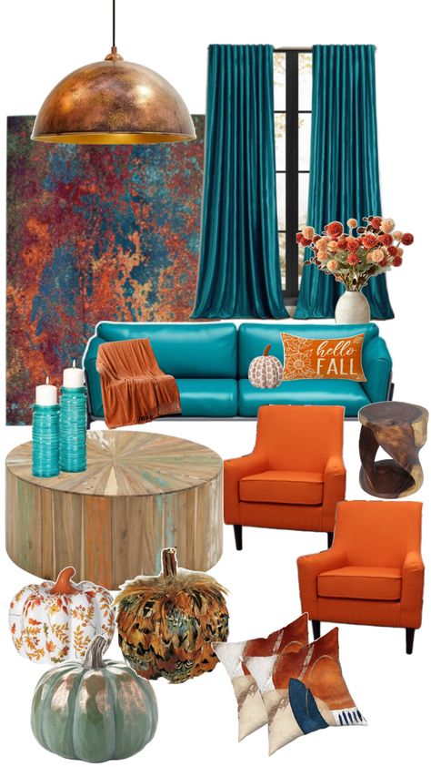 Teal And Brown Living Room Ideas, Teal Orange Color Palette, Palette Living Room, Remodeling House, Orange Color Palette, Happy Fall Yall, Color Palette Living Room, Brown And Turquoise, Orange Color Palettes