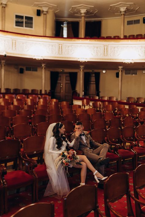 Theater Couple Photoshoot, Theater Wedding Ceremony, Engagement Photos On Stairs, Wes Anderson Engagement Photos, Movie Theater Engagement Photos, Theatre Photoshoot, Theater Photoshoot, Movie Theater Wedding, Broadway Wedding