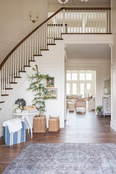 Blending Two Rugs In The Same Open Space Traditional Staircase, Foyer Ideas, Stair Case, Rug Guide, Dining Nook, Studio Mcgee, Entry Way, Farmhouse Dining, A Living Room