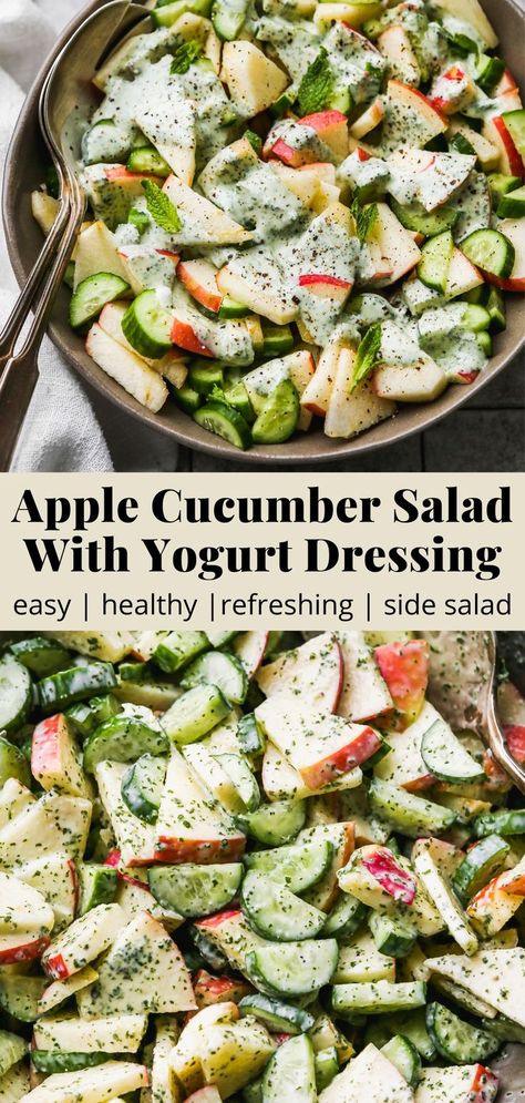 Pinterest graphic for an easy apple cucumber salad recipe tossed in a mint yogurt dressing. Easy Side Salad, Salad With Mint, Mint Yogurt, Apple Salad Recipes, Mint Salad, Fresh Salad Recipes, Greek Salad Recipes, Yogurt Dressing, Cucumber Recipes Salad