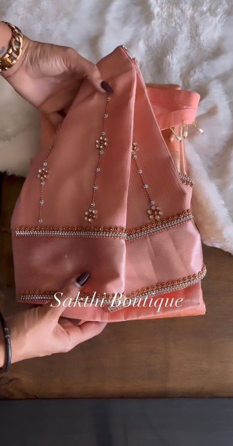 Off Sleeves Blouse, Name Aari Work Blouse Design, Peach Colour Blouse Aari Work, Pink Blouse Designs For Saree Pattu, Blouse Work Designs Simple, Simple Pattu Blouse Designs, Bridal Blouse Back Neck Designs, Aari Work Blouse Simple Design, Peach Color Blouse