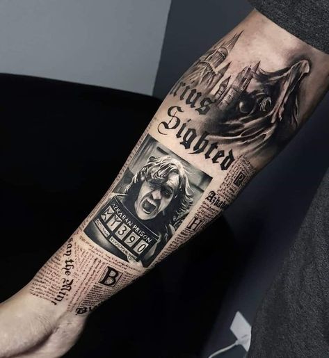 Harry Potter Leg Sleeve, Harry Potter Tattoos Sleeve, Hogwarts Tattoos, Harry Potter Sleeve Tattoo, Newspaper Tattoo, Harry Potter Tattoo Sleeve, Harry Potter Sleeve, Harry Potter Tattoo Ideas, Rip Tattoos For Mom