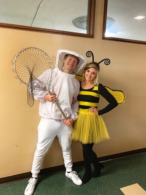 Bee Dress Up, Honey Bee Costume Women, Bee And Bee Keeper Costume Diy, Bee And Bee Catcher Costume, Bumble Bee Couple Costume, Bumble Bee And Bee Keeper Costume, Bee And Bee Keeper Costume Couple, Worker Bee Costume, Bee Keeper Halloween Costume